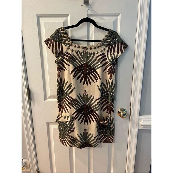 HOSS Intropia Cap Sleeve Natural Look Bronze Trimmed Wood Button Accent Dress sz - Picture 1 of 9